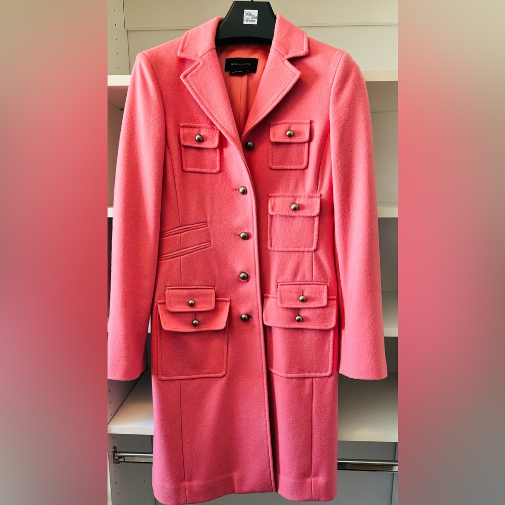 Vintage BCBG pea coat. Barely worn Barbie pink, classic pea coat in wool.